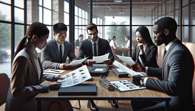 Un bureau d'affaires avec des professionnels diversifiés examinant des documents de vérification des antécédents.