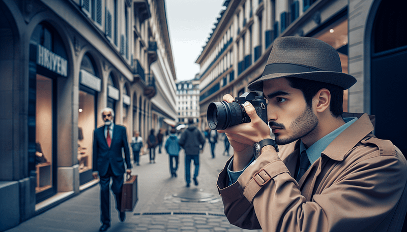 Un détective privé à Genève observe discrètement un sujet dans une rue animée de la ville.