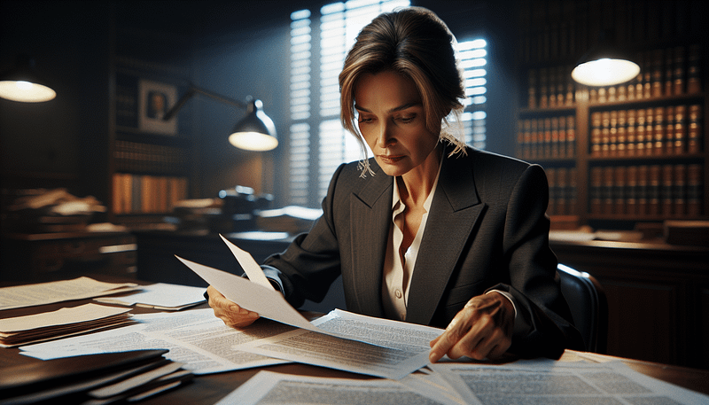 Un détective dans un bureau examinant des documents liés à une affaire de divorce.